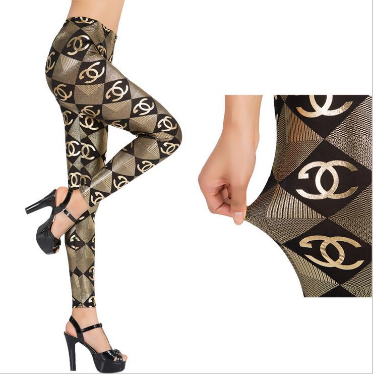 F8476 Golden Chanel Logo Print Leggings